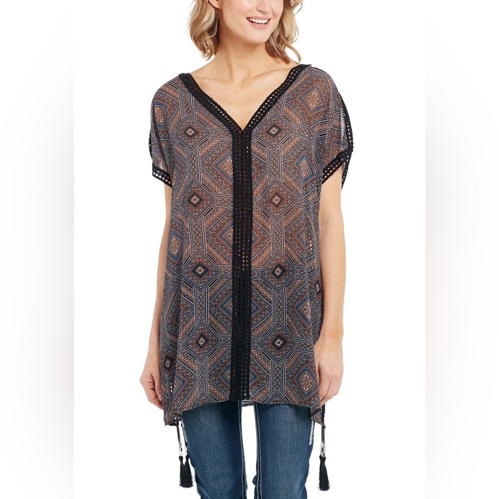 Cowgirl Up Boho Kaftan Tunic Geometric Sheer V Neck Tassel Hem Festival Western
